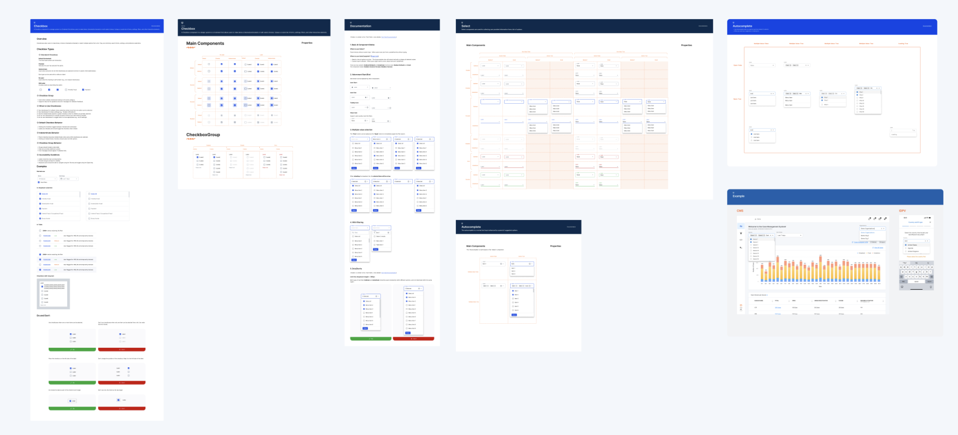 Interactive components: checkbox, select and autocomplete with full states, plus a real product example.